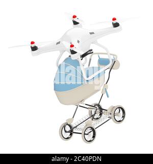 Nuovo concetto di bambino nato. Drone Air che offre moderno Blue Baby Carriage, Stroller, PRAM su sfondo bianco. Rendering 3d Foto Stock