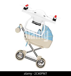 Nuovo concetto di bambino nato. Drone Air che offre moderno Blue Baby Carriage, Stroller, PRAM su sfondo bianco. Rendering 3d Foto Stock