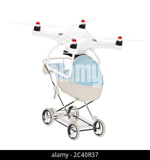 Nuovo concetto di bambino nato. Drone Air che offre moderno Blue Baby Carriage, Stroller, PRAM su sfondo bianco. Rendering 3d Foto Stock