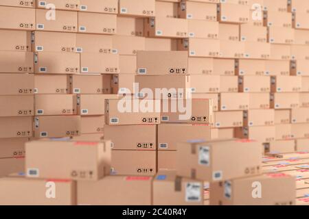 Concetto di logistica, distribuzione e consegna. Scatole di cartone e pacchi scatole impilare in magazzino come sfondo closeup estremo. Rendering 3d Foto Stock