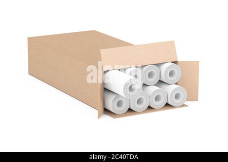 Rotoli di carta da parati in cartboard Box su sfondo bianco. Rendering 3d Foto Stock