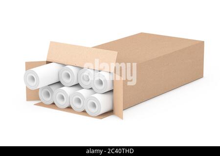 Rotoli di carta da parati in cartboard Box su sfondo bianco. Rendering 3d Foto Stock