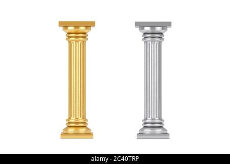 Piedistallo a colonna Greco classico dorato e argento su sfondo bianco. Rendering 3d Foto Stock