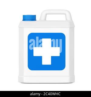 Flacone disinfettante in plastica bianca con etichetta blu a croce su sfondo bianco. Rendering 3d Foto Stock