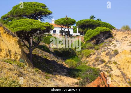 3 Ottobre 2018 una parte appartata della spiaggia di Falesia con una piccola proprietà elevata sull'Algarve Portogallo in una giornata calda che mostra magnificamente maturo co Foto Stock