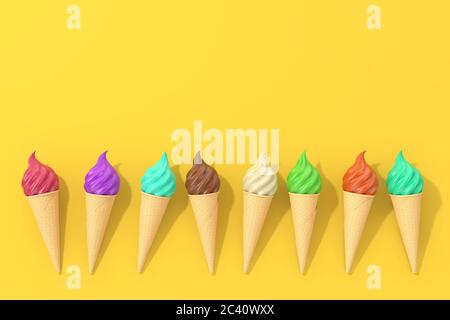 Fila di gelato multicolore Soft serve in waffle Croccante Ice Cream Cone su sfondo giallo. Rendering 3d Foto Stock