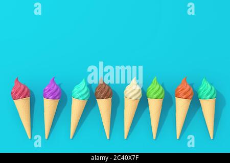 Fila di gelato multicolore Soft serve in waffle Croccante Ice Cream Cone su sfondo blu. Rendering 3d Foto Stock