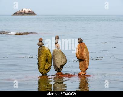 Pietre in pietra con mare calmo, Eye Cave Beach, Dunbar, East Lothian, Scozia, Regno Unito Foto Stock