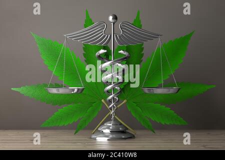 Simbolo di caduceo medico come scale di fronte a Marijuana Medica o foglia di canapa di Cannabis su un tavolo di legno. Rendering 3d Foto Stock