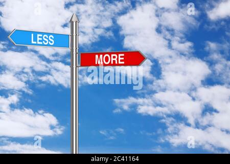 Sempre più frecce di direzione strada segno su uno sfondo blu cielo. Rendering 3d Foto Stock