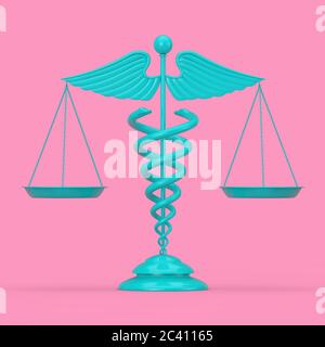 Simbolo Blue Medical Caduceo come scale in stile Duotone su sfondo rosa. Rendering 3d Foto Stock