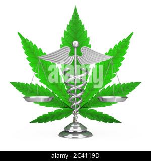 Simbolo del caduceo medico come scale di fronte a Marijuana Medica o foglia di canapa di Cannabis su sfondo bianco. Rendering 3d Foto Stock