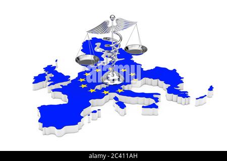 Simbolo del caduceo medico come scala sulla mappa dell'Unione europea con bandiera dell'UE su sfondo bianco. Rendering 3d Foto Stock