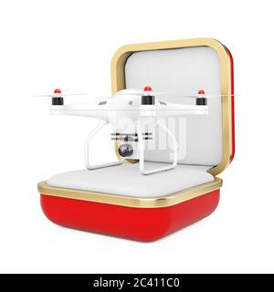 Drone Air con fotocamera nella scatola regalo rossa su sfondo bianco. Rendering 3d Foto Stock