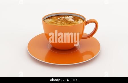 Rendering 3D di un latte di spezie di zucca in una tazza di caffè arancione Foto Stock