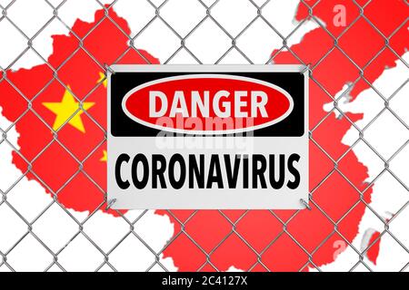 2019-ncov Coronavirus segno con recinzione cablata di fronte alla mappa della Cina con bandiera su sfondo bianco. Rendering 3d Foto Stock