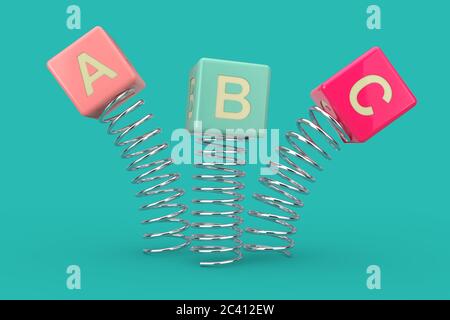 ABC cubi saltando con la primavera su uno sfondo blu. Rendering 3d Foto Stock