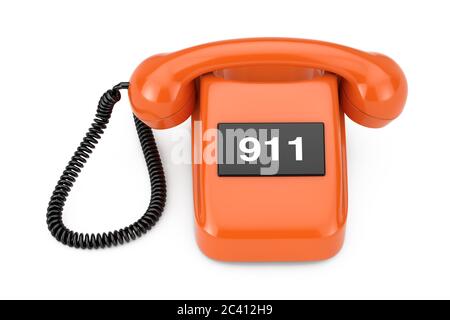 Telefono Rotary in stile vintage con 911 Sign su sfondo bianco. Rendering 3d Foto Stock