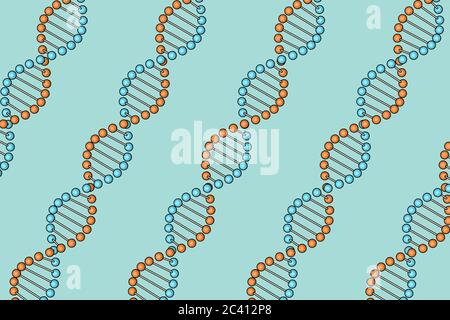 Concetto scientifico. Righe di DNA Molecule Spiral in stile Sketch e Toon su sfondo blu. Rendering 3d Foto Stock