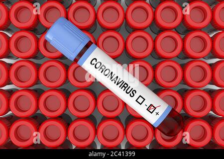 Provetta per fiasche per analisi del sangue con risultato positivo per coronavirus su file di provette per fiasche da analisi con closeup estremo. Rendering 3d Foto Stock