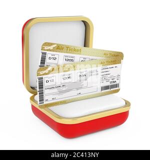 Due biglietti aerei Golden Business o First Class Airline Boarding Pass Fly Air nella scatola regalo rossa su sfondo bianco. Rendering 3d Foto Stock