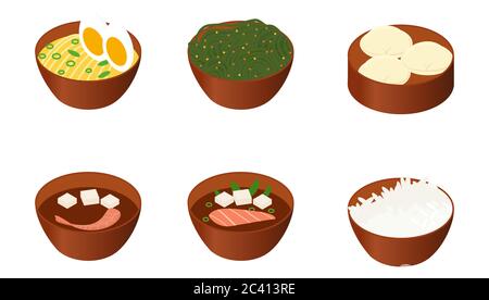 Set di cibo giapponese isolato su sfondo bianco. Icone di zuppe asiatiche in piatti marroni illustrazione vettoriale. Ramen, zuppa di miso Illustrazione Vettoriale