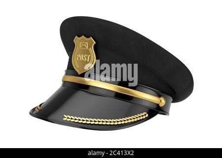 Postman Hat ufficiale con Golden Badge su sfondo bianco. Rendering 3d Foto Stock