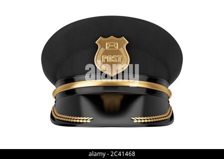 Postman Hat ufficiale con Golden Badge su sfondo bianco. Rendering 3d Foto Stock