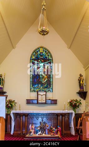 Akaroa, Canterbury, Nuova Zelanda: Interno della Chiesa Cattolica di San Patrizio Foto Stock