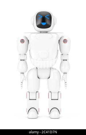 Robot futuristico bianco per giocattoli di cartoni su sfondo bianco. Rendering 3d Foto Stock