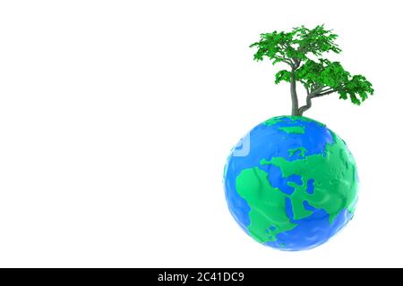 Concetto di ecologia. Albero verde su Globo di Terra argentata di plasticina su sfondo bianco. Rendering 3d Foto Stock