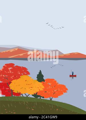 Autunno montagne lago paesaggio vettore piano Illustrazione Vettoriale