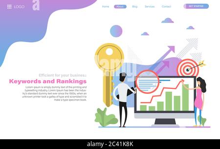 Modello di intestazione web vettoriale di parole chiave e classifiche in piano Illustrazione Vettoriale