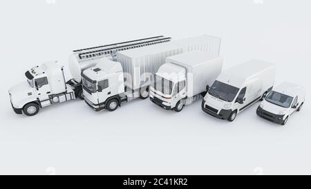 White Delivery furgoni e camion in fila su sfondo bianco rendering 3D Foto Stock