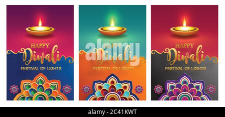 Diwali, Deepavali o Dipavali il festival delle luci india con oro diya modellato e cristalli su carta colore sfondo. Illustrazione Vettoriale