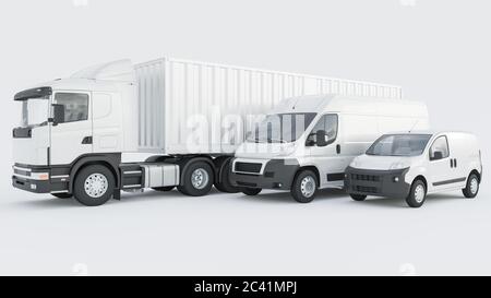 White Delivery furgoni e camion in fila su sfondo bianco rendering 3D Foto Stock