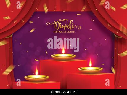 Diwali, Deepavali o Dipavali il festival delle luci india con oro diya modellato e cristalli su carta colore sfondo. Illustrazione Vettoriale