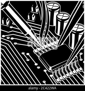Illustrazione vettoriale stilizzata sul tema della progettazione dei circuiti, della riparazione e dell'aggiornamento dei componenti elettronici e dei chip di saldatura sulla scheda. Illustrazione Vettoriale