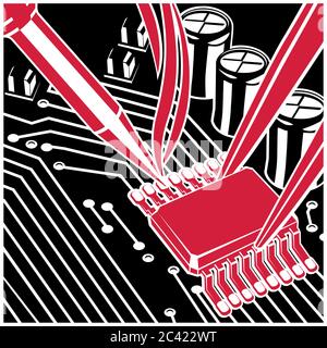 Illustrazione vettoriale stilizzata sul tema della progettazione dei circuiti, della riparazione e dell'aggiornamento dei componenti elettronici e dei chip di saldatura sulla scheda. Illustrazione Vettoriale