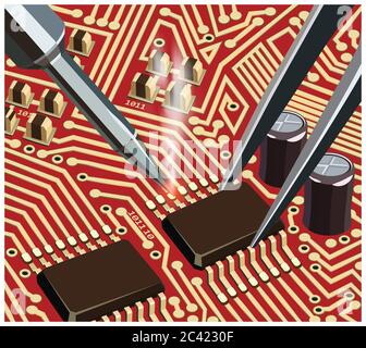 Illustrazione vettoriale stilizzata sul tema della progettazione dei circuiti, della riparazione e dell'aggiornamento dei componenti elettronici e dei chip di saldatura sulla scheda. Illustrazione Vettoriale