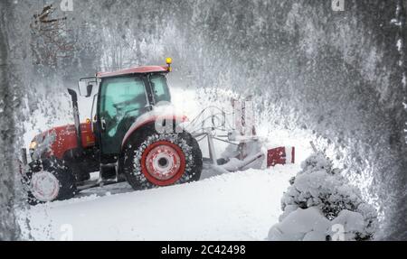 Spazzaneve che soffia neve dal vialetto durante Blizzard, Meaford, Ontario, Canada Foto Stock