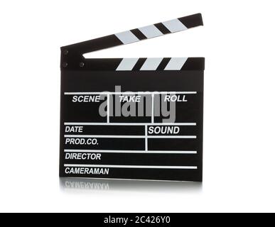 Clapper o clapper-board singolo, nero, aperto su sfondo bianco Foto Stock
