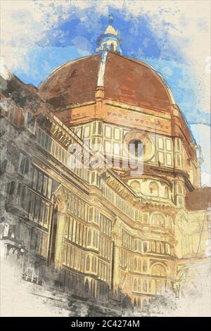 Illustrazione acquerello di Firenze, Italia. Cattedrale di Santa Maria del Fiore. Duomo di Firenze Foto Stock