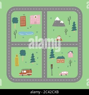 Cartoon cute mappa per bambini con auto, strada, città elementi paesaggistici. Auto, costruzione, strada di disegno a mano, stile giocattolo per bambini. Illustrazione vettoriale. Illustrazione Vettoriale