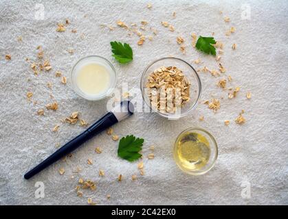 Farinata d'avena fai da te con miele e maschera allo yogurt per l'acnee e l'idratazione della pelle Foto Stock