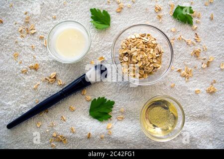 Farinata d'avena fai da te con miele e maschera allo yogurt per l'acnee e l'idratazione della pelle Foto Stock