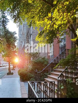 New York City - la luce del sole splende sugli edifici lungo una strada tranquilla nel quartiere Greenwich Village di Manhattan a New York Foto Stock