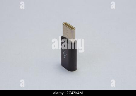 Adattatore piccolo da micro USB a USB tipo C. Foto Stock