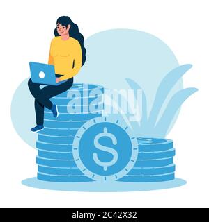 Avatar donna con laptop e monete di pagamenti online denaro e ecommerce tema illustrazione vettoriale Illustrazione Vettoriale