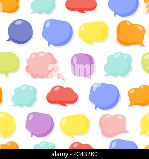 Motivo senza cuciture a bolle di sapone con parlato colorato. Cartello con messaggio cartoon piatto senza limiti. Bolle lucide in gomma vuota. Divertimento di mongolfiera. Ripetere l'ornamento per la carta avvolgente, il tessuto e la stampa dell'illustrazione vettoriale Illustrazione Vettoriale